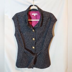 CAbi Tie Front Wool Blend Lined Tweed Vest With Gold Butons - Black/Pink